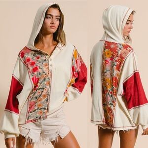 Oatmeal Rust Floral Patchwork Colorblock Pullover Sweatshirt Top shirt